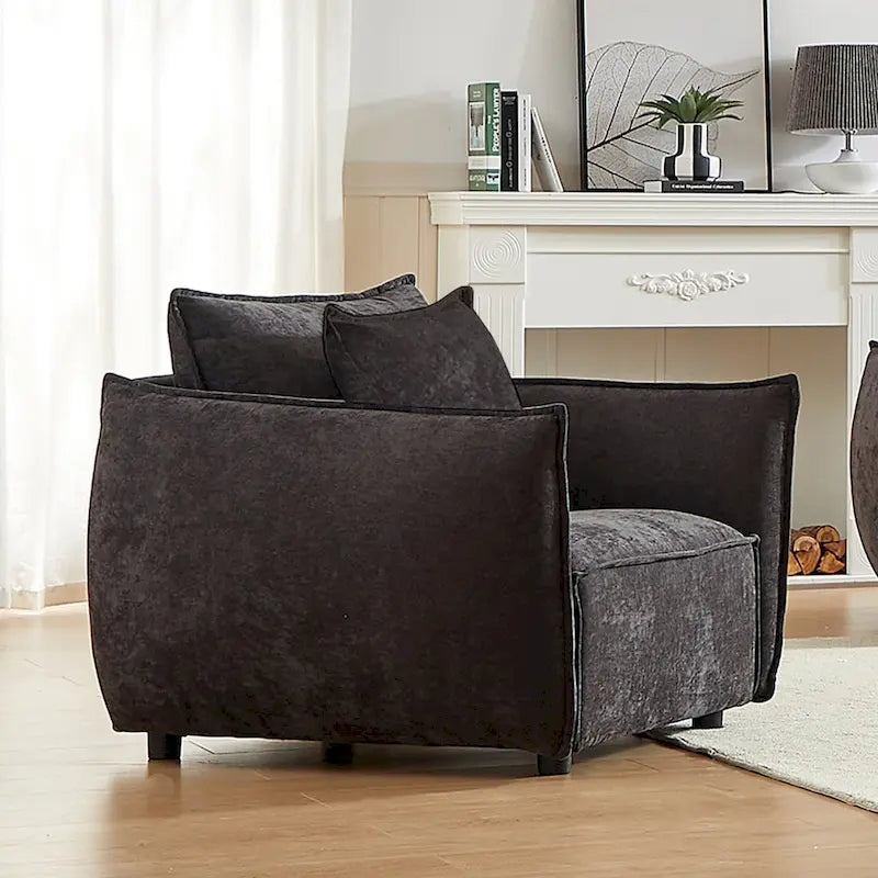 Black 44 Upholstered Arm Chair with Pillows and Wide Cushion
