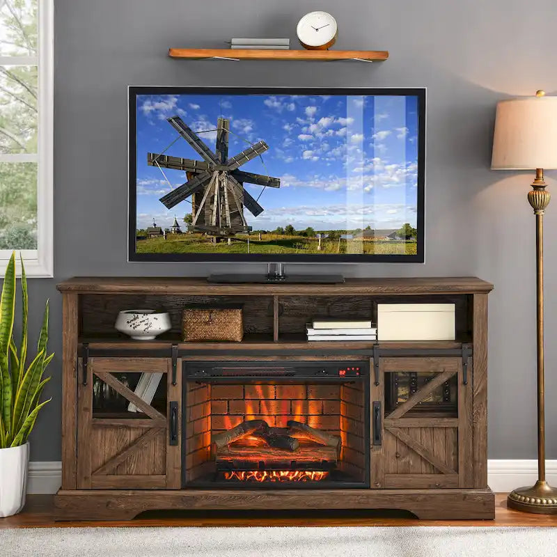 Reclaimed Barnwood 60 Fireplace TV Stand with Remote & Safety Device for 70 TVs