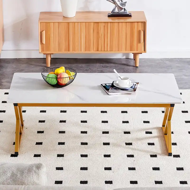 Modern Minimalist Style Marble Patterned Coffee Table With Black Metal Legs, Game Table, Tea Table