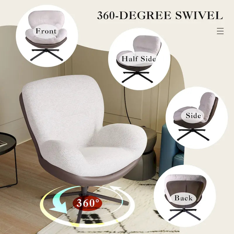 360 Swivel Accent Chair, Modern Chenille Lounge Chair with Faux Leather and Black Metal Base Frame, Comfortable Reading Chair