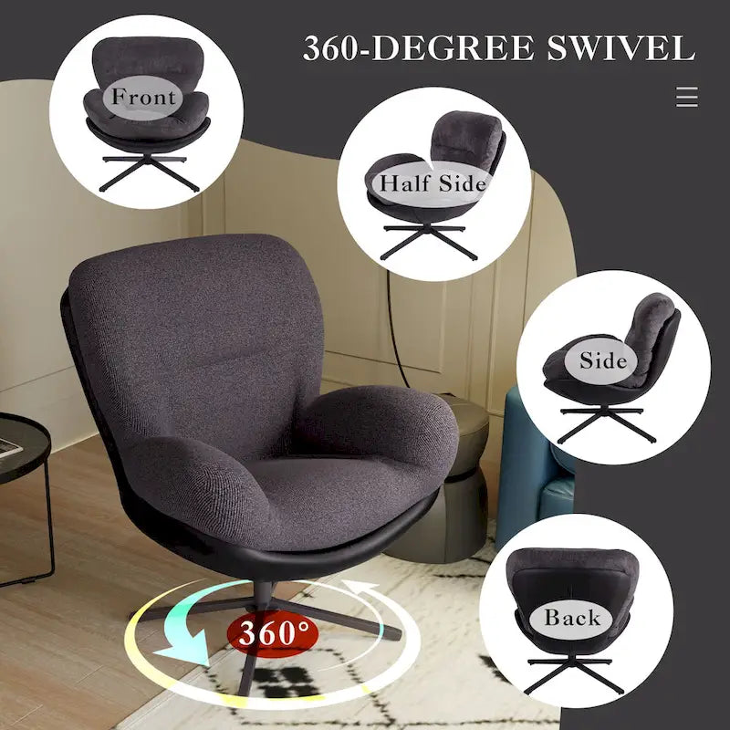 360 Swivel Accent Chair, Modern Chenille Lounge Chair with Faux Leather and Black Metal Base Frame, Comfortable Reading Chair