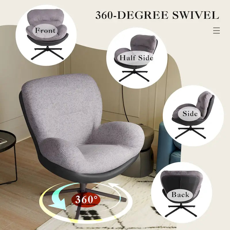 360 Swivel Accent Chair, Modern Chenille Lounge Chair with Faux Leather and Black Metal Base Frame, Comfortable Reading Chair