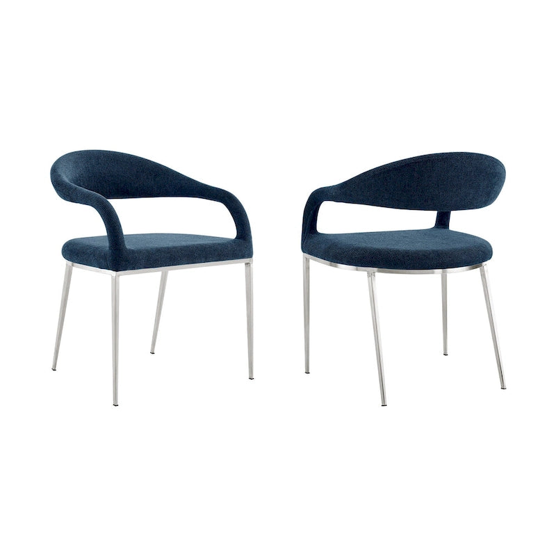 HomeRoots Set of Two Blue And Silver Upholstered Polyester Open Back Dining Arm Chairs