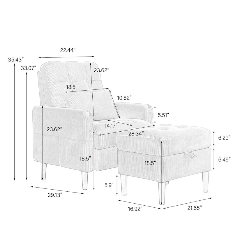 Accent Chair and Storage Ottoman Set with Adjustable Backrest