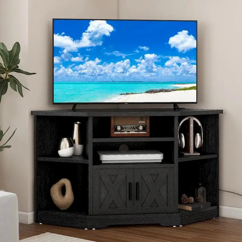 Corner TV Stand W/ Power Outlet Media Console for to 55 Inch Black - 47 inches in width