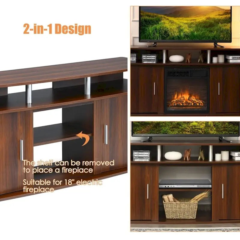 63 TV Stand Entertainment Center W/ 2 Cabinets Up to 70 Walnut - 62 inches