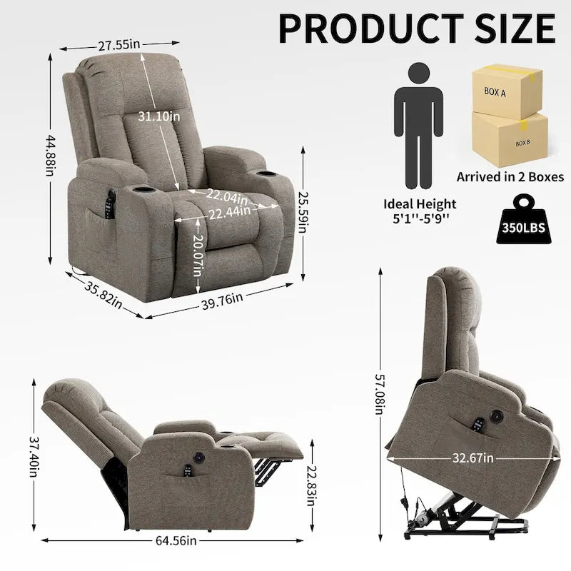 Lazy Boy Power Lift Recliner Chair, Modern Single Motor Massage Sofa Chair with Lumbar Heating, USB Charging Port, Cup Holders