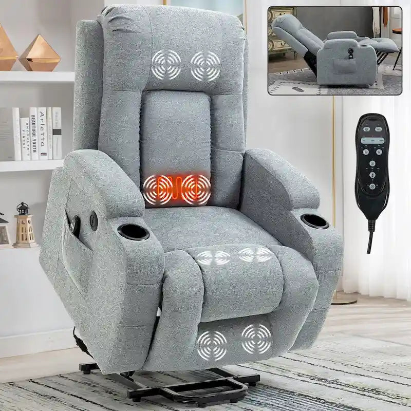 Lazy Boy Power Lift Recliner Chair, Modern Single Motor Massage Sofa Chair with Lumbar Heating, USB Charging Port, Cup Holders