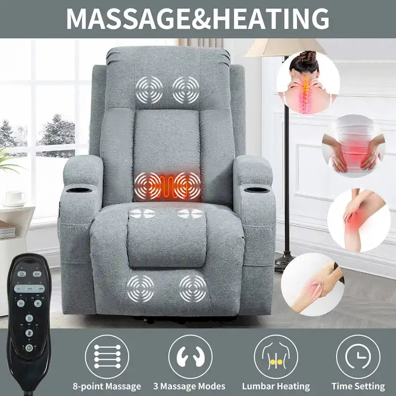 Lazy Boy Power Lift Recliner Chair, Modern Single Motor Massage Sofa Chair with Lumbar Heating, USB Charging Port, Cup Holders