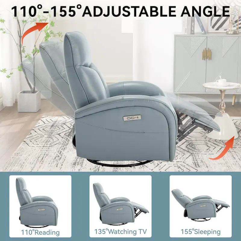 270 Genuine Leather Swivel and Rocker Power Recliner Chair for Elderly, Lving Room Single Sofa w/Lumbar Support & Rolled Arms
