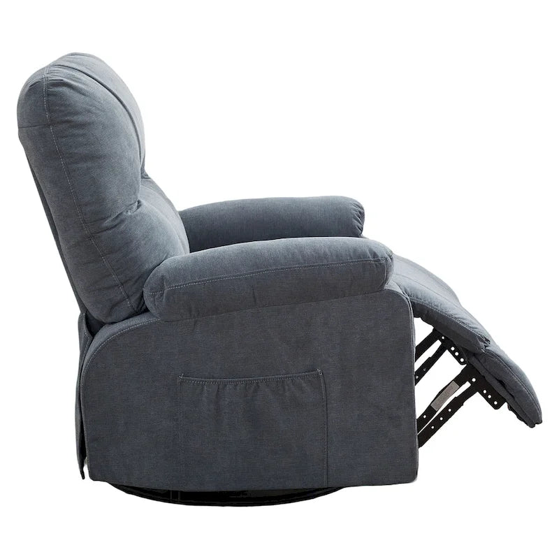 360 Swivel Manual Recliner Single Sofa Chair Fabric Lounge Chair with Pull Out Footrest and Side Pockets
