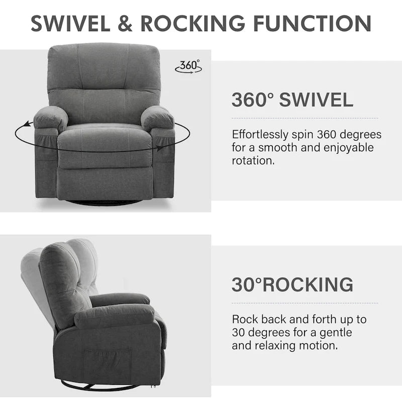 360 Swivel Manual Recliner Single Sofa Chair Fabric Lounge Chair with Pull Out Footrest and Side Pockets