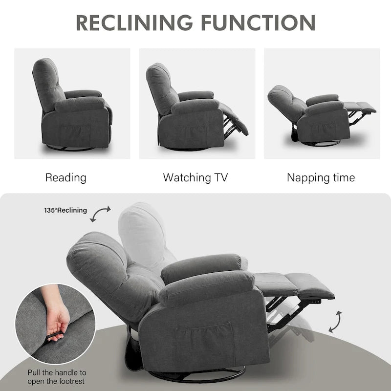 360 Swivel Manual Recliner Single Sofa Chair Fabric Lounge Chair with Pull Out Footrest and Side Pockets