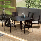 Round Dining Table Powder-Coated Aluminum Top with Slatted Design and Umbrella Hole for Family Gatherings & Parties