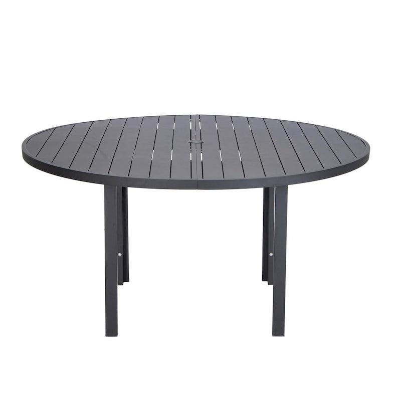 Round Dining Table Powder-Coated Aluminum Top with Slatted Design and Umbrella Hole for Family Gatherings & Parties