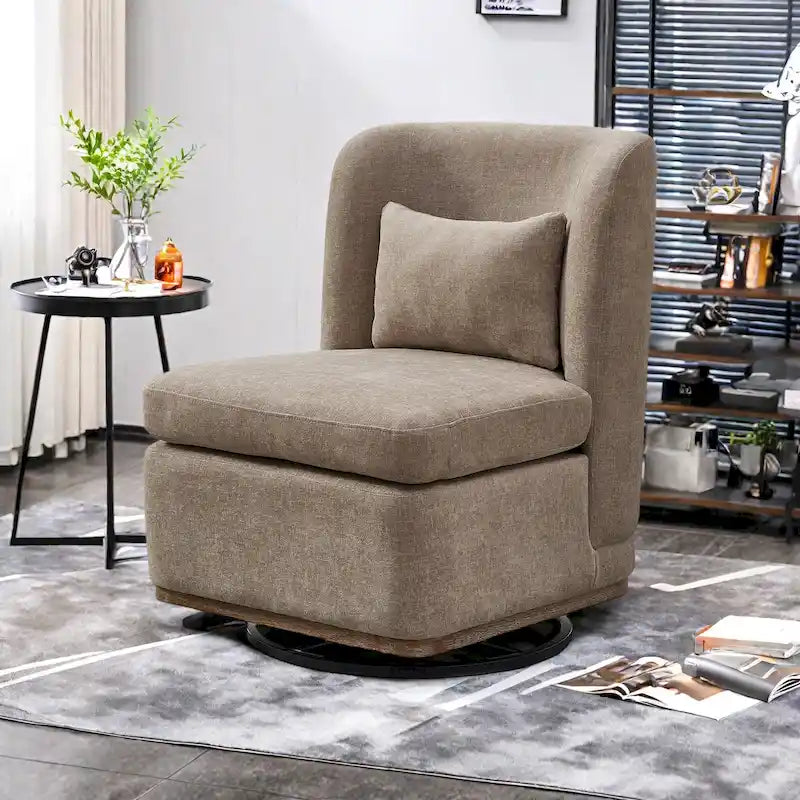 Chenille 360 Swivel Armless Chair with Metal Base, High-Density Foam Cushion, and Included Pillow