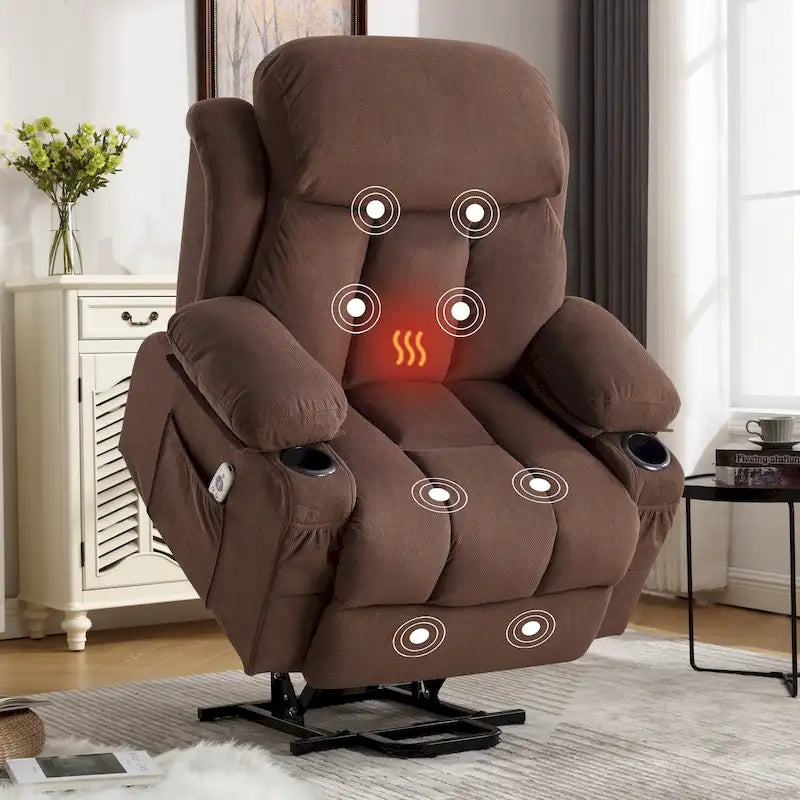 Grey Electric Power Lift Recliner featuring Heating, Massage, USB Port, Side Pockets, and Remote Control Functionality