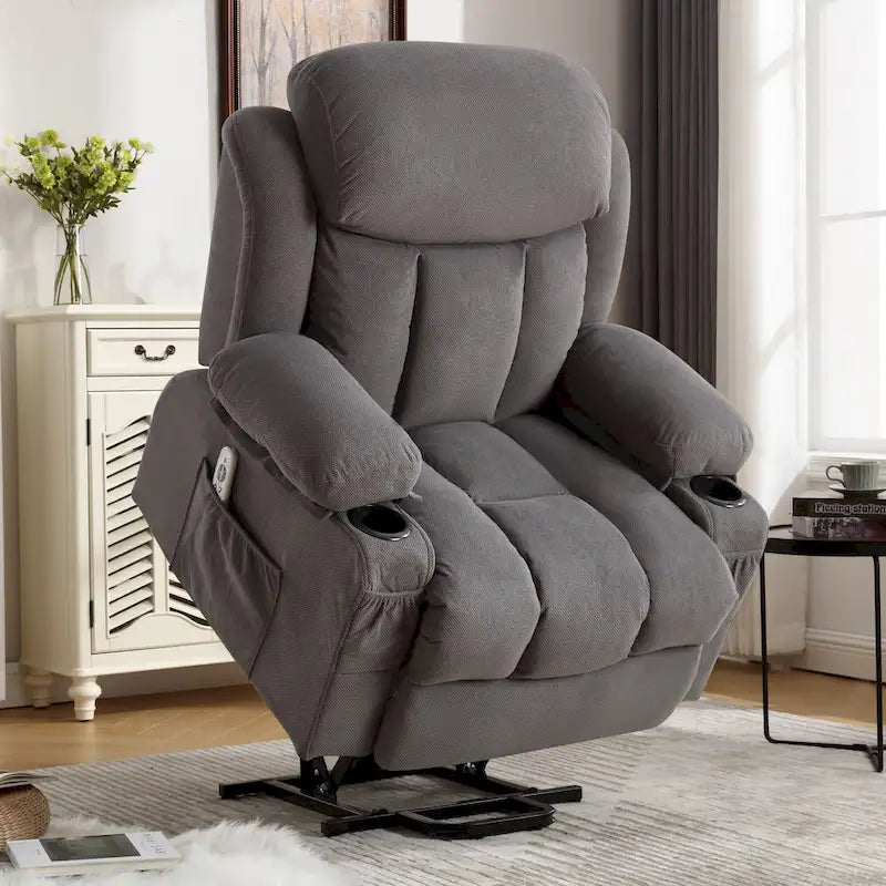 Grey Electric Power Lift Recliner featuring Heating, Massage, USB Port, Side Pockets, and Remote Control Functionality