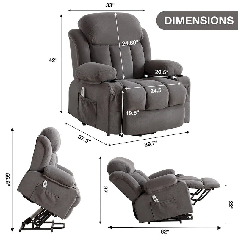 Grey Electric Power Lift Recliner featuring Heating, Massage, USB Port, Side Pockets, and Remote Control Functionality