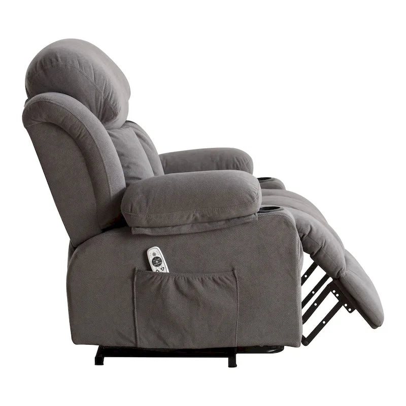 Grey Electric Power Lift Recliner featuring Heating, Massage, USB Port, Side Pockets, and Remote Control Functionality
