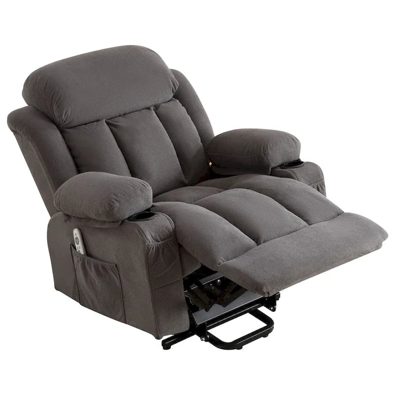 Grey Electric Power Lift Recliner featuring Heating, Massage, USB Port, Side Pockets, and Remote Control Functionality