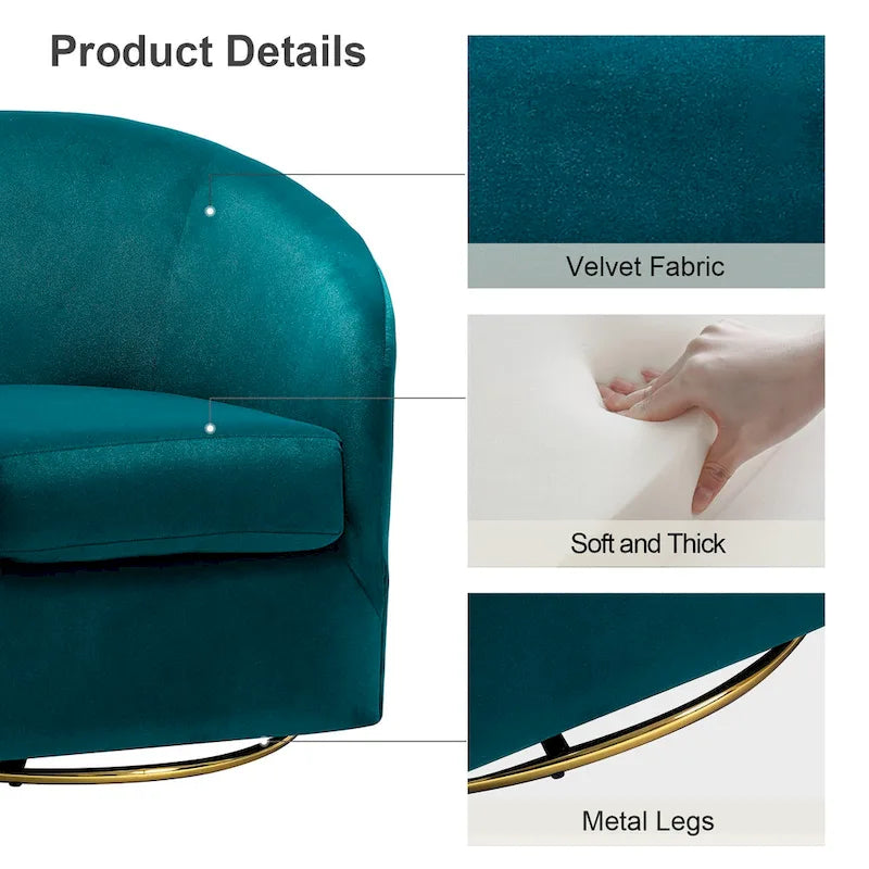 Eleuterio Modern Velvet Curved Swivel Accent Barrel Chair with Metal Base by HULALA HOME