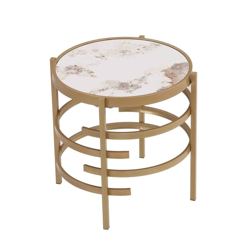 Modern Round End Table with Sintered Stone Top, Chrome/ Silver End Table for Living Room 20.67W x 20.67D x 21.65H