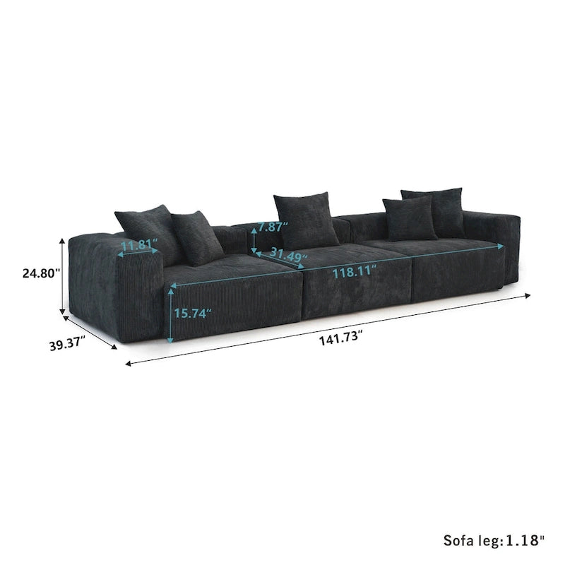 143 inch Sofa Couch- Deep Seat Sofa with 5 Pillows, 3 Seater Couch with Corduroy Fabric, Modern Sofas for Living Room