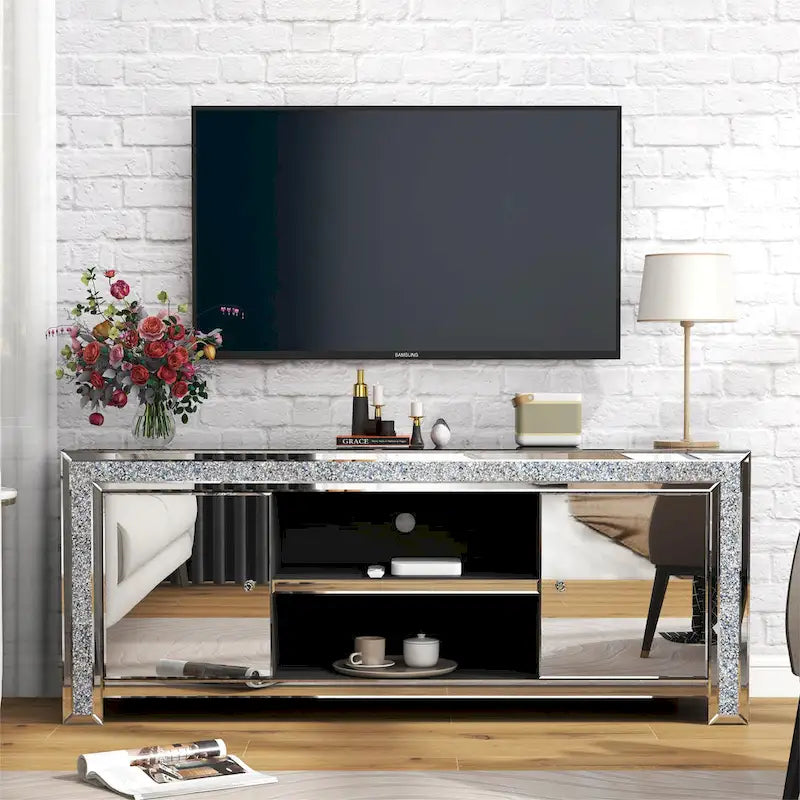 59 Media Console Mirrored Diamond Tv Stand