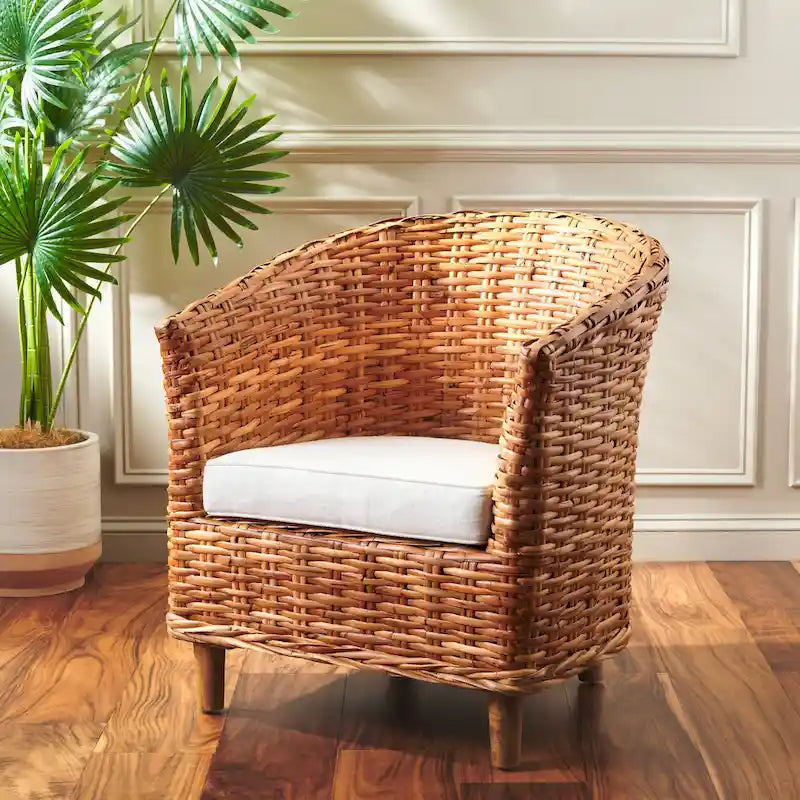 SAFAVIEH Charla Rattan Barrel Chair with Cushion - 29.1 x 27.2 x 32.7 - 29Wx27Dx33H