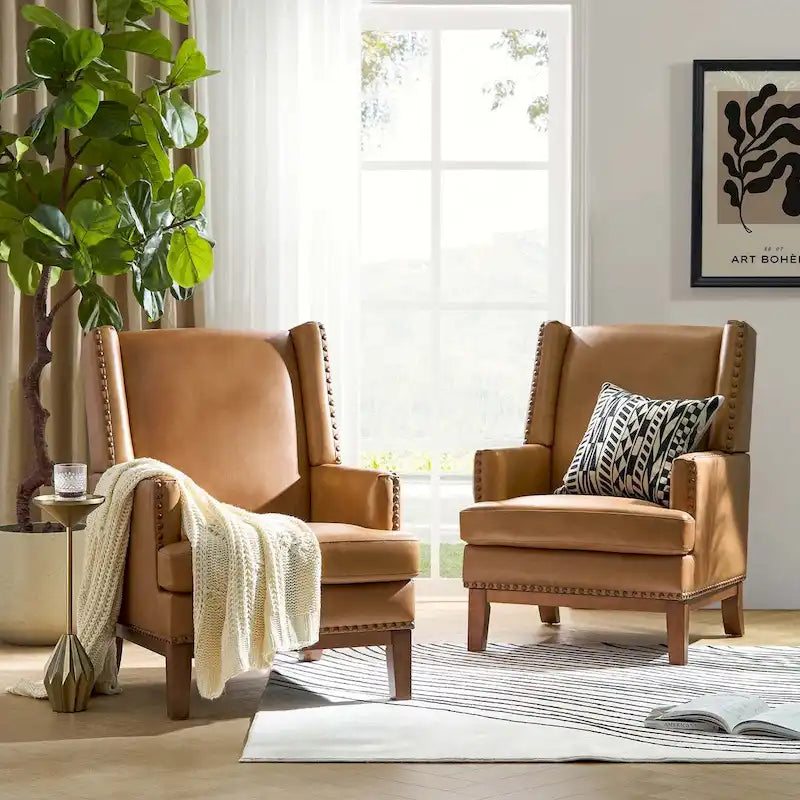 Lourdes Genuine Leather Armchair with Solid Wood Frame and Removable Seat Cushion,Set of 2 by HULALA HOME