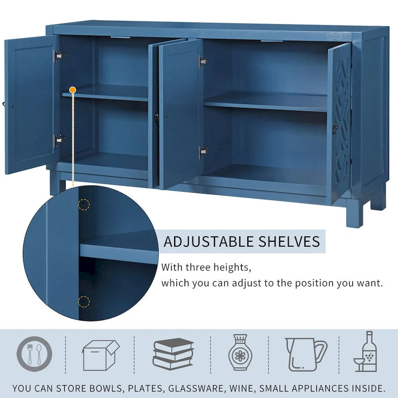Large Storage Space Sideboard, 4 Door Buffet Cabinet with Pull Ring Handles for Living Room, Dining Room (Navy)