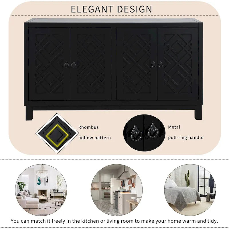 Large Storage Space Sideboard, 4 Door Buffet Cabinet with Pull Ring Handles for Living Room, Dining Room (Navy)