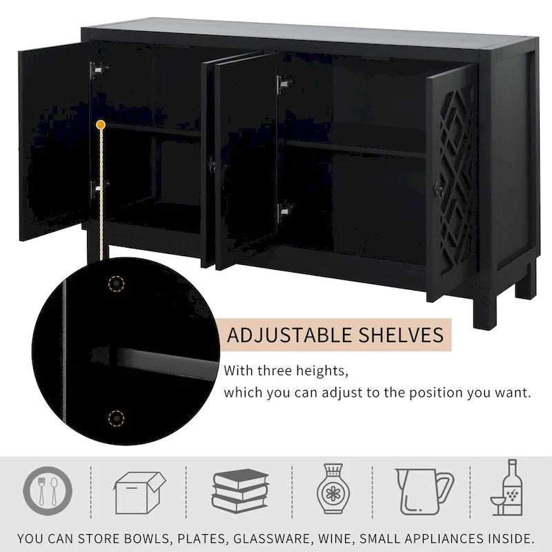Large Storage Space Sideboard, 4 Door Buffet Cabinet with Pull Ring Handles for Living Room, Dining Room (Navy)