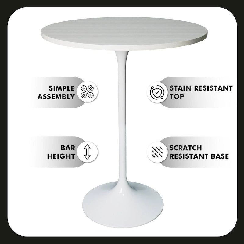 LeisureMod Verve 27 Round Dining Table with MDF Wood TableTop and White Steel Base for Kitchen & Dining Room