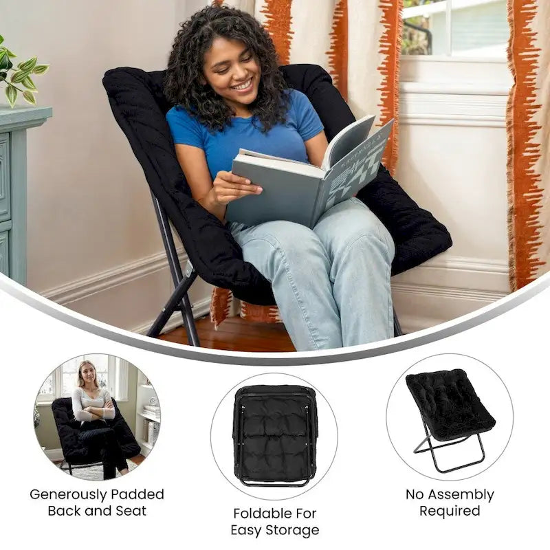 Folding Synthetic Fur Oversized Saucer Chair with Steel Frame - N/A