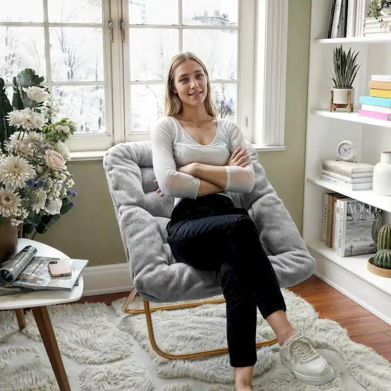 Folding Synthetic Fur Oversized Saucer Chair with Steel Frame - N/A