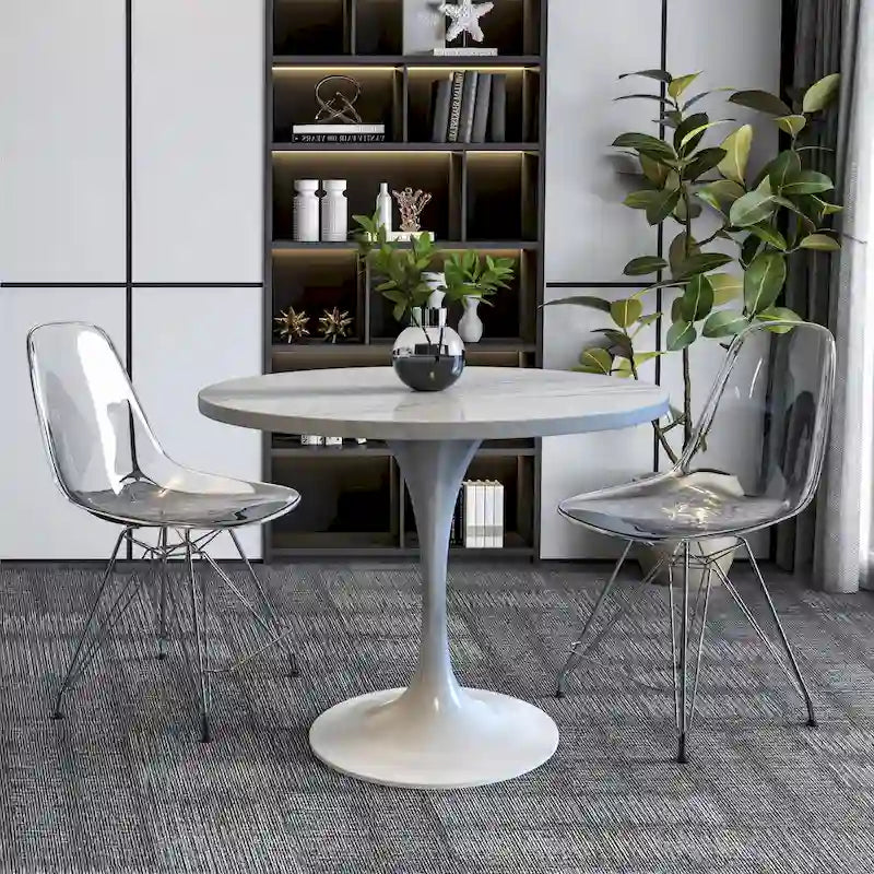 LeisureMod Verve Round Dining Table with White Resin TableTop and White Steel Base for Kitchen & Dining Room