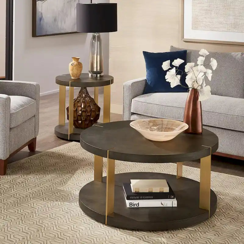Vennesla Gold Finish Metal Dark Brown Faux Shagreen Round Table Set by iNSPIRE Q Bold