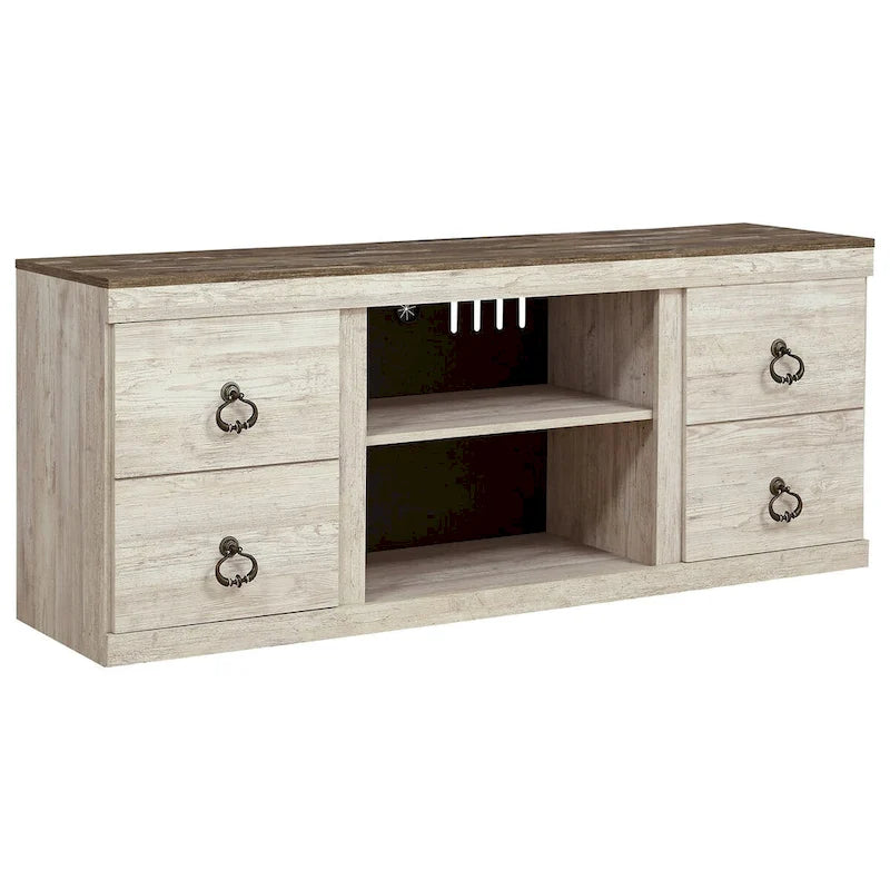60 Inch Rustic TV Media Entertainment Console, Round Handles, Wood, White