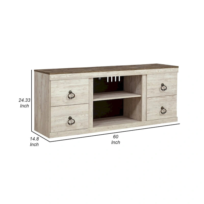 60 Inch Rustic TV Media Entertainment Console, Round Handles, Wood, White