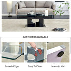 A rectangular modern coffee table with tempered glass tabletop and wooden color MDF legs. Suitable for living room.