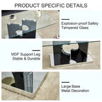 A rectangular modern coffee table with tempered glass tabletop and wooden color MDF legs. Suitable for living room.