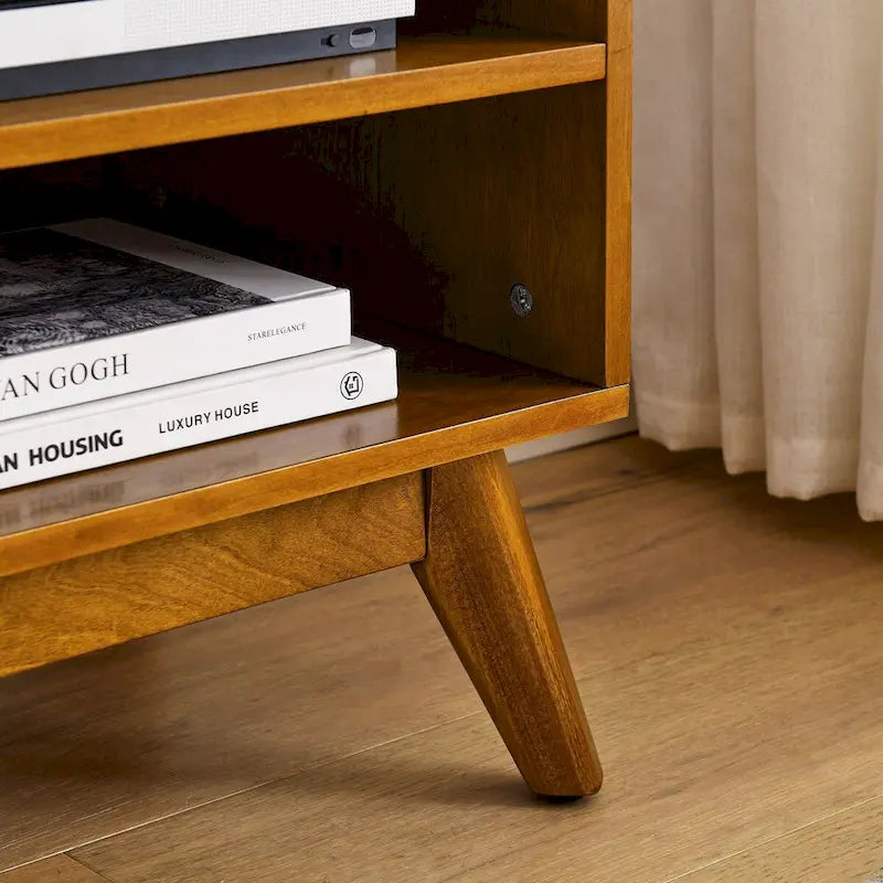 59 Inch Rattan TV Stand for 65 Inch TV,Entertainment Cabinet,Media Console,Solid Wood Feet & Rattan Cabinet Doors - Light Wood