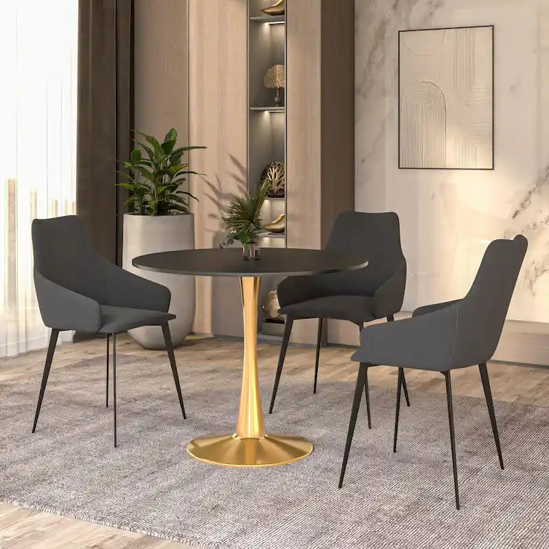LeisureMod Bristol 31 Round Dining Table for 4 with MDF Wood Tabletop in Gold Steel Base for Kitchen & Dining Room