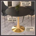 LeisureMod Bristol 31 Round Dining Table for 4 with MDF Wood Tabletop in Gold Steel Base for Kitchen & Dining Room
