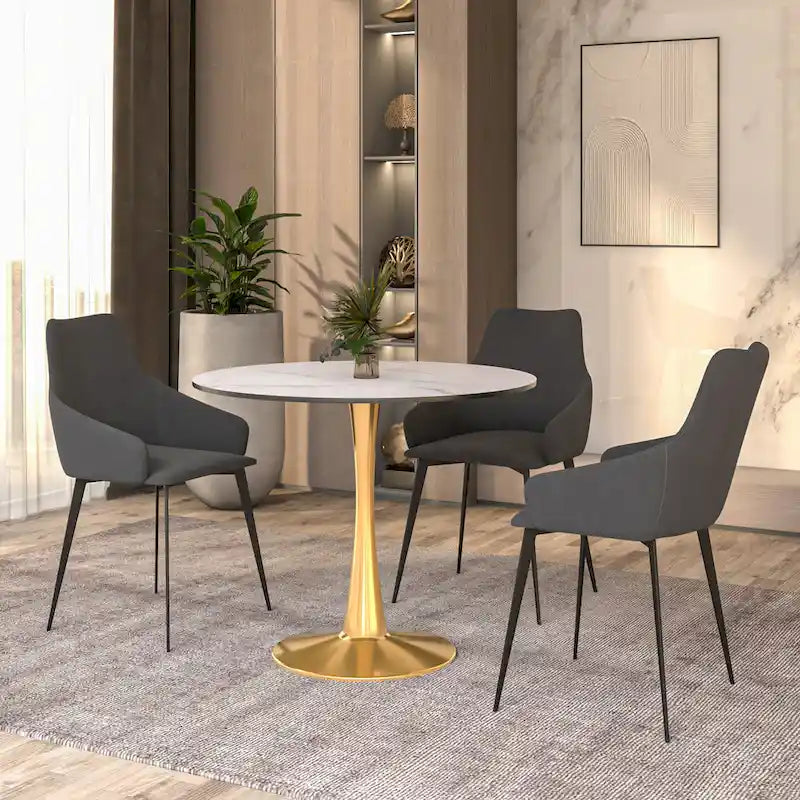 LeisureMod Bristol 31 Round Dining Table for 4 with MDF Wood Tabletop in Gold Steel Base for Kitchen & Dining Room