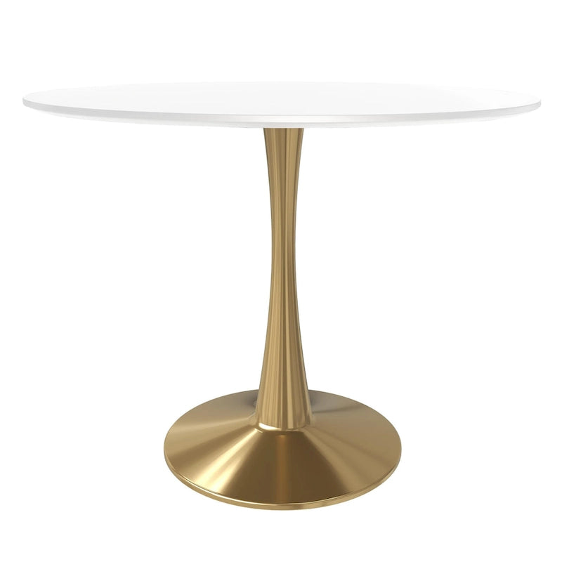 LeisureMod Bristol 31 Round Dining Table for 4 with MDF Wood Tabletop in Gold Steel Base for Kitchen & Dining Room